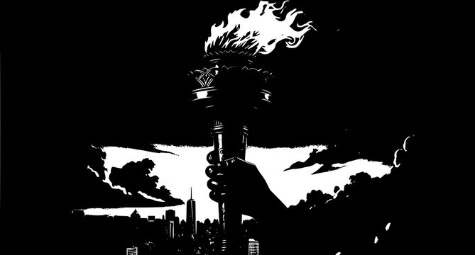 Hand holding flaming torch over city skyline silhouette with guidance