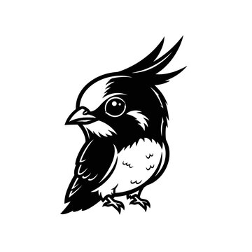 Stylized black and white vector illustration of a swiftlet mascot bird with a feathered crest and large expressive eyes, isolated on a white background in a bold graphic cartoon style.