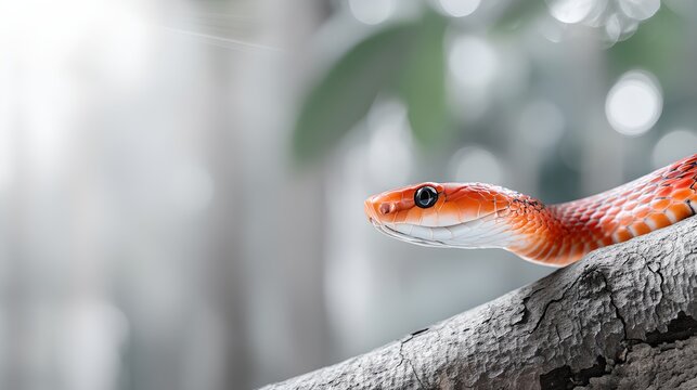 A close-up shot of a vibrant red snake on a branch