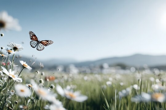 A butterfly flitting through a meadow filled with daisies, under a bright blue sky. A scene of perfect tranquility and beauty
