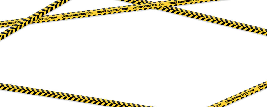 Under construction yellow black tapes arranged diagonally forming dynamic frame isolated on transparent background, realistic safety barrier stripes for industrial hazard zone and warning composition