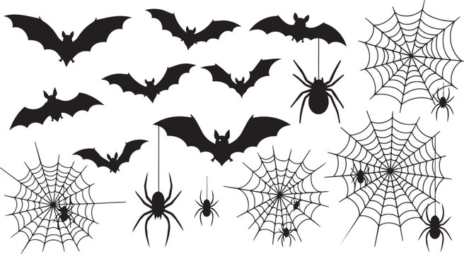 Black silhouette halloween set with bats spiders pumpkins and ghosts black halloween
