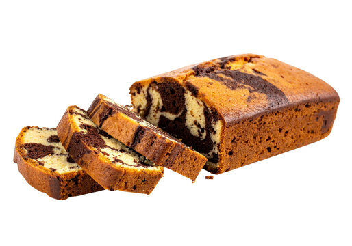 Sliced marble pound cake loaf, vanilla chocolate swirl cake isolated on transparent background PNG