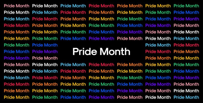 Pride Month Background with 'Pride Month' Rainbow Typography. Vector Abstract Rainbow Background with 'Pride Month' Text in LGBTQ Pride Colours. 