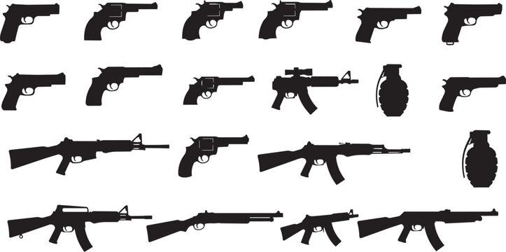 Black silhouette of guns rifles pistols and grenades isolated on white black silhouette guns