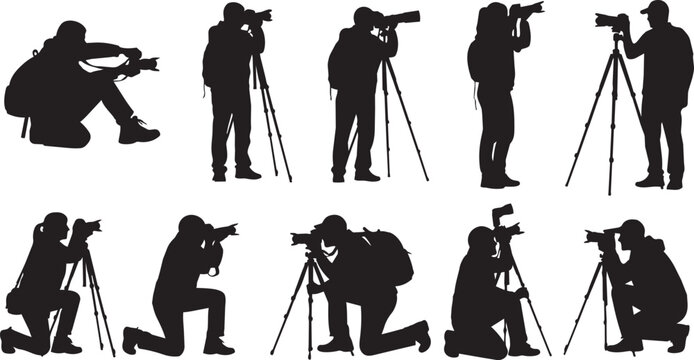 Black silhouette of photographers with cameras and tripods outdoors