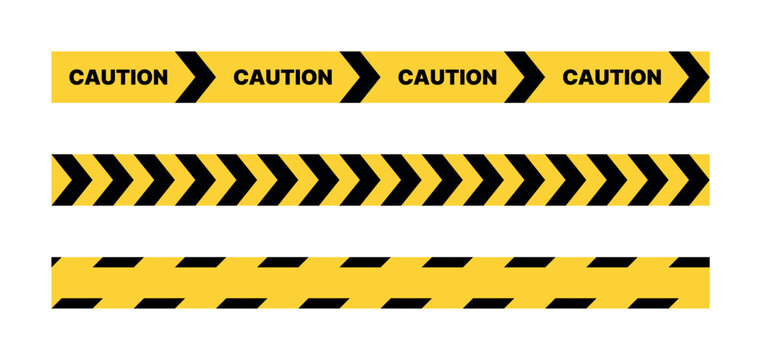 Yellow black caution tape set with warning text and arrow chevron stripes isolated on transparent background, industrial hazard safety barrier design elements for construction zone marking and signage