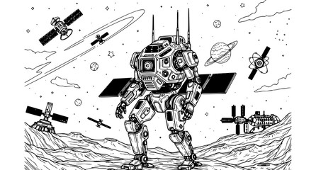 Robot explorer on alien planet surface with satellites, sci © Chadni