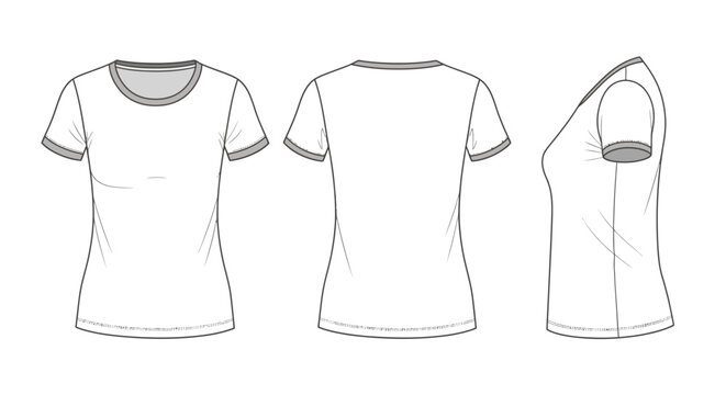 Women's Ringer T-shirt Technical Flat Sketch Front Back Side Views
