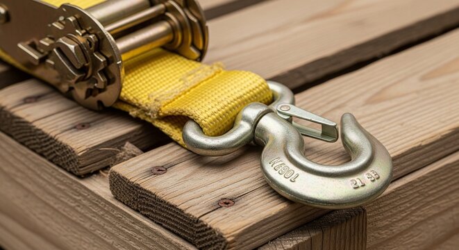 Heavy duty yellow cargo strap with metal tensioner and hook