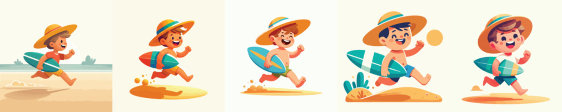 vector of a little boy running with a surfboard on the beach