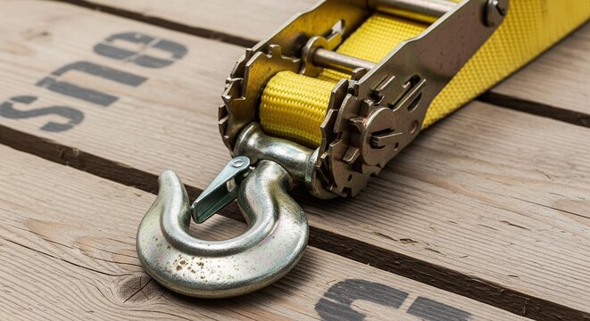 Yellow ratchet tie down strap with metal hook on wood