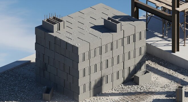 A 3D render of a large building structure made entirely of stacked grey concrete blocks or bricks at a construction site