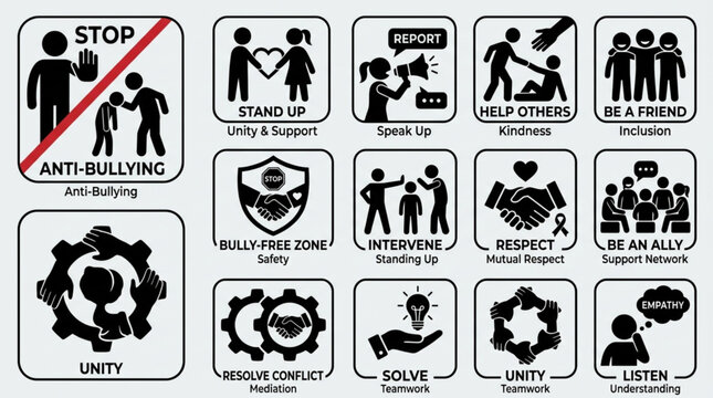 Anti Bullying Stop Sign and Positive Action Icons Set.