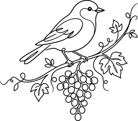 Obraz premium Delicate Bird on Grapevine Illustration Featuring Nature Branch Vineyard Wildlife and Elegant Botanical Line Art Design