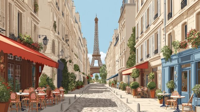 Elegant Parisian street leading toward the Eiffel Tower in the background, classic Haussmann buildings and street cafes