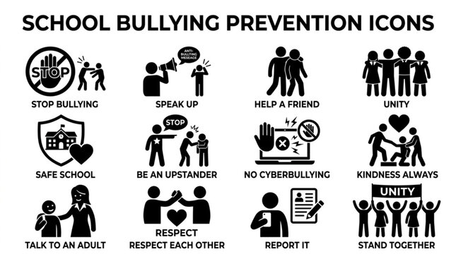 School Bullying Prevention Icons Set Vector Illustration.