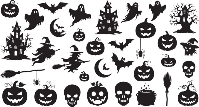 Black silhouettes of halloween symbols like bats ghosts pumpkins and witches hats arranged randomly