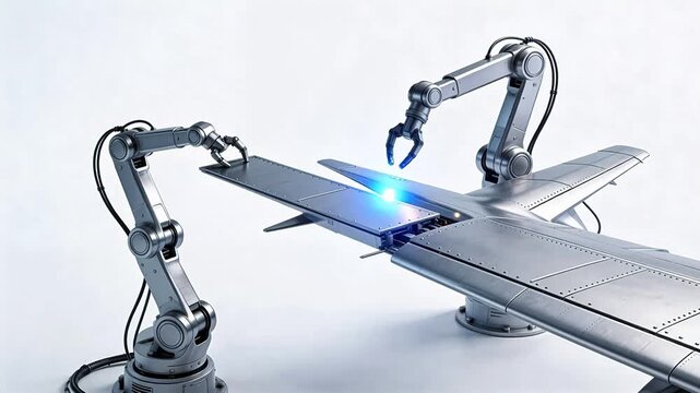 Robotic arms assembling aircraft wing