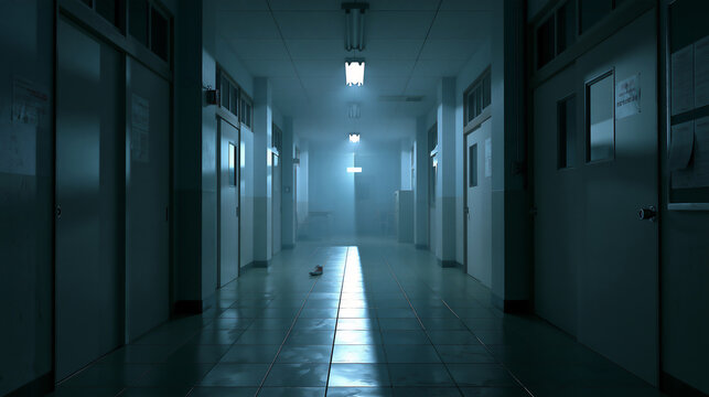 Dark eerie hospital corridor with dim flickering lights and mysterious fog, horror atmospheric background