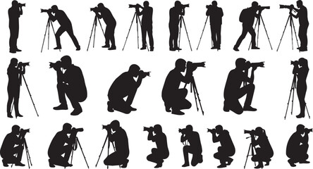 Black silhouettes of photographers with cameras in various poses and angles camera angles