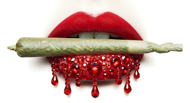 Close up of red lips holding a rolled herbal object on a white background