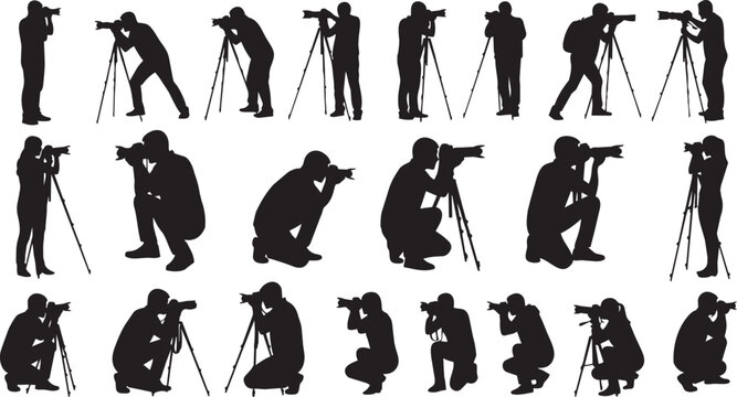 Black silhouettes of photographers with cameras in various poses and angles camera angles