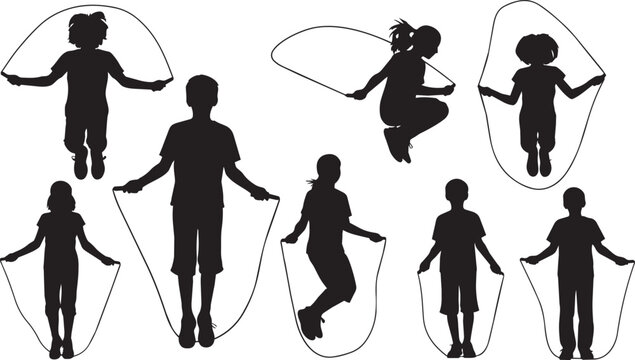 Children jumping rope silhouettes in black and white children silhouettes kids playing exercise
