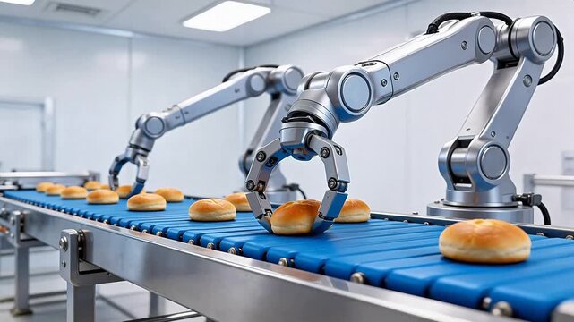 Robotic arms placing buns on conveyor