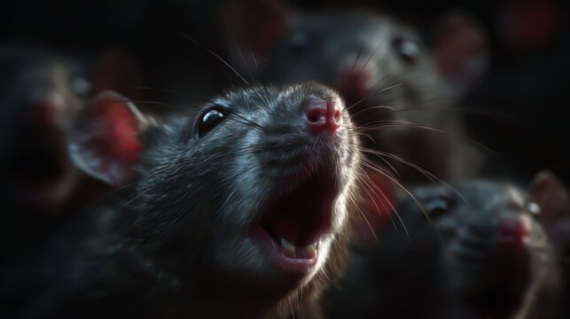 Close-up of a rat's face with mouth open, showing teeth and pink nose.