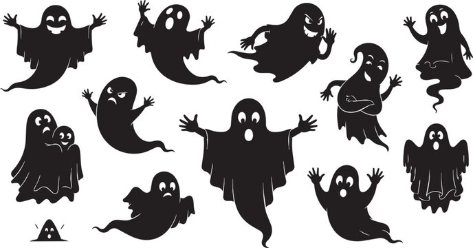 Eleven black ghost silhouettes floating in a white background black ghosts floating ghosts
