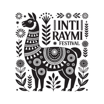 inti raymi peru decorative llama textile ornament engraving vector illustration

