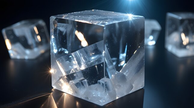 Transparent Cubic Salt Crystal with Star Burst Light Reflection on Dark Blue Background, Natural Mineral