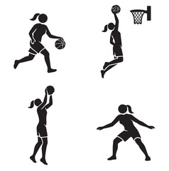 Silhouette people playing basketball dribbling dunking shooting and defending in simple black icons © Abrar Hussain