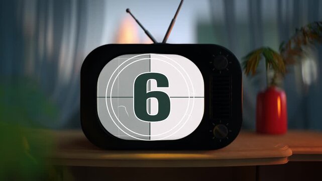 Stylized retro television showing classic film leader countdown. Nostalgic cinematic scene inspired by old broadcasting, analog media, and vintage entertainment. 3D render animation
