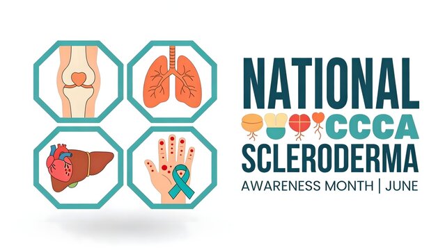 National scleroderma awareness month banner features medical illustrations of human organs and joints along with a teal ribbon to help educate people about this complex disease