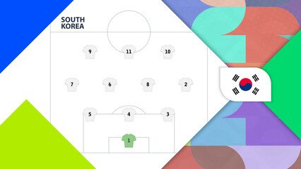 South Korea National Football Team Strategy Infographic with Pitch Lineup and Flag. © boldg