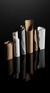紙筒の群像、反射、黒背景