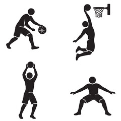 Silhouette people playing basketball dribbling dunking shooting and defending in simple black icons © Abrar Hussain