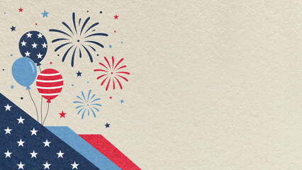 Obraz premium 4th of July Independence Day beige textured paper background with red blue fireworks and balloons with copy space for banner