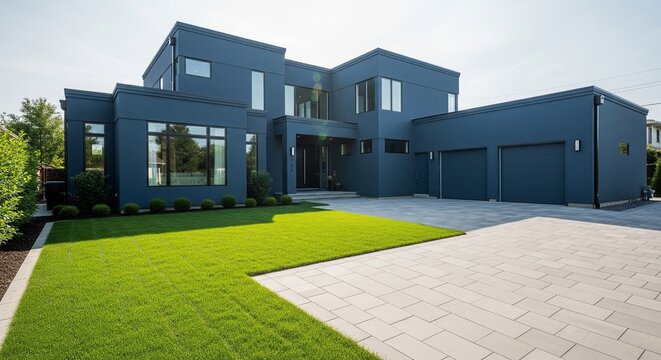 Modern dark blue square house with flat roof