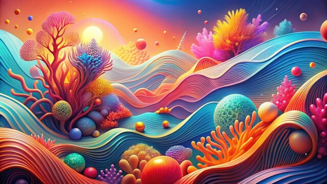 Vibrant Underwater Dreamscape Featuring Abstract Coral Reefs and Flowing Ocean Waves Under a Sunset