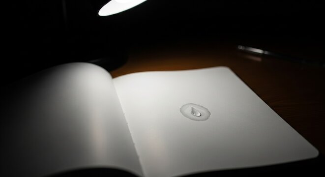 Single water drop on a blank open notebook page