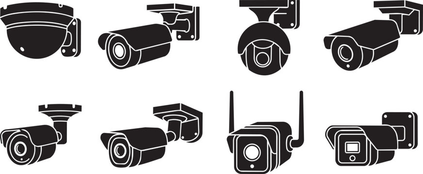 Nine black and gray security camera isolated on white background surveillance camera dome camera