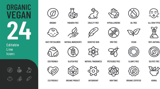 Set of 24 organic and vegan product line icons Vector