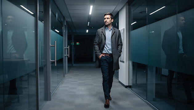 A man in a coat walks down a modern office hallway with glass walls and overhead lighting.