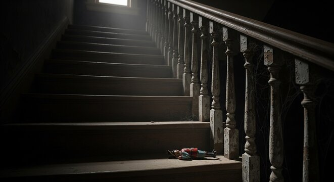 A small toy figure lying abandoned on a dark wooden staircase, illuminated by a bright beam of light from a window above