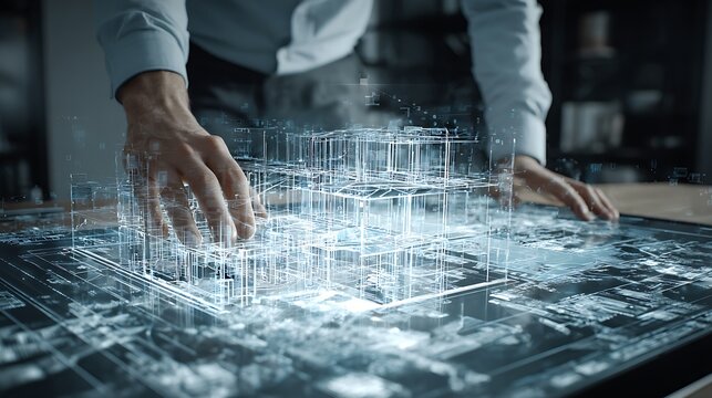 Businessman interacts with a glowing holographic architectural model displayed on a digital table to analyze complex structural blueprints during a high-tech engineering project planning session.