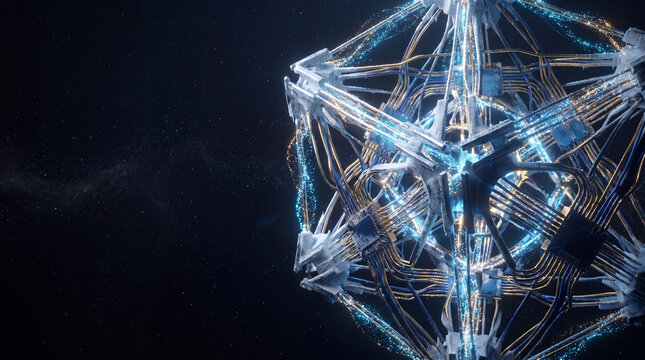 Glowing Quantum Computer Core with Golden Superconducting Qubits and Energy Particle Streams on Dark Background, Quantum Computing Technology Concept, 3D Render
