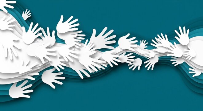 Multiple white paper hands waving on dark teal background